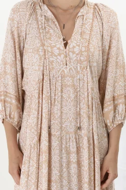 Kamali Midi Dress - Batwing Sleeve Smock Dress with Lace Detailing in Harley Print Beige><noscript><img width=