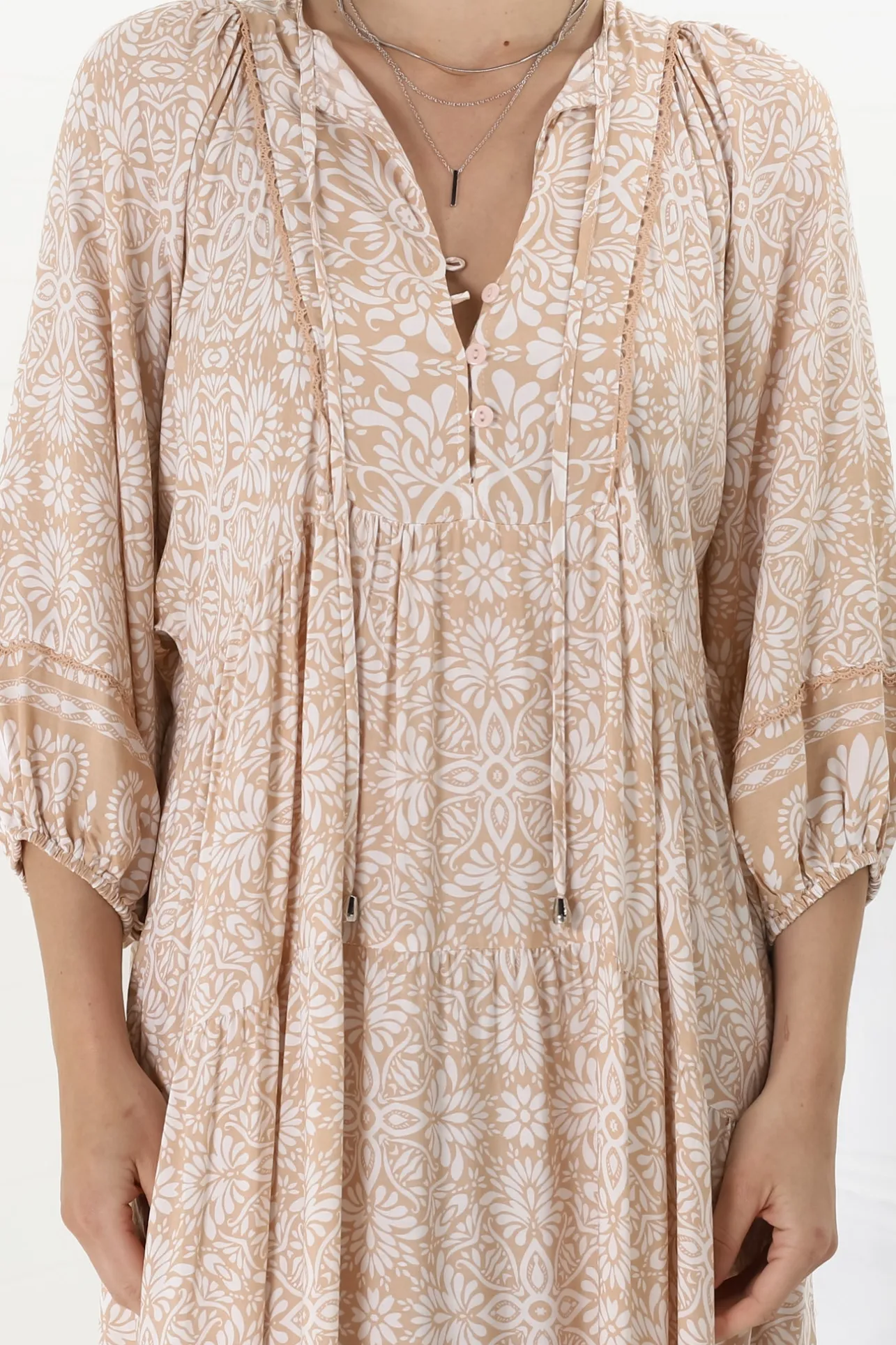 Kamali Midi Dress - Batwing Sleeve Smock Dress with Lace Detailing in Harley Print Beige>Salty Crush Online