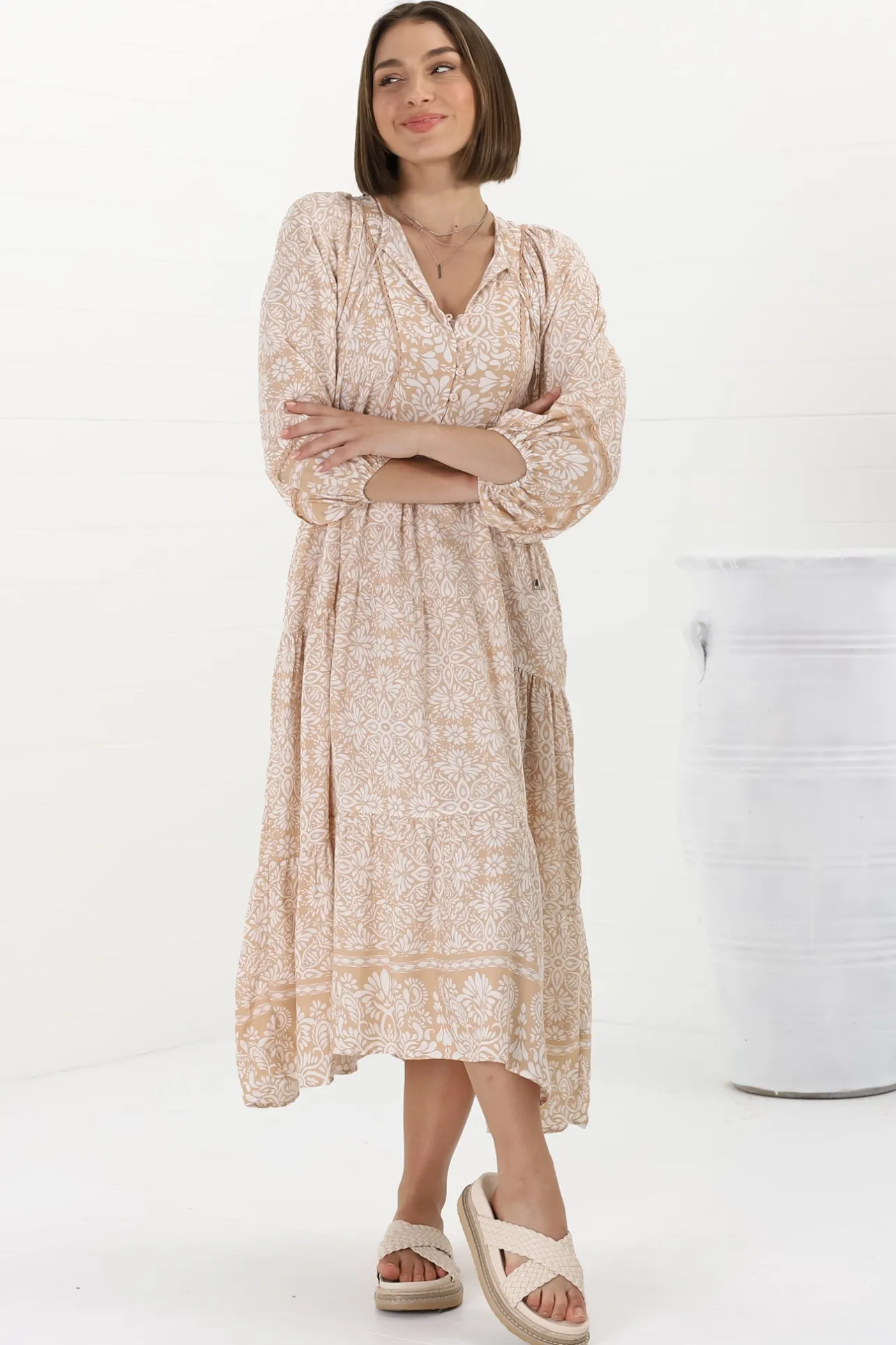 Kamali Midi Dress - Batwing Sleeve Smock Dress with Lace Detailing in Harley Print Beige>Salty Crush Online