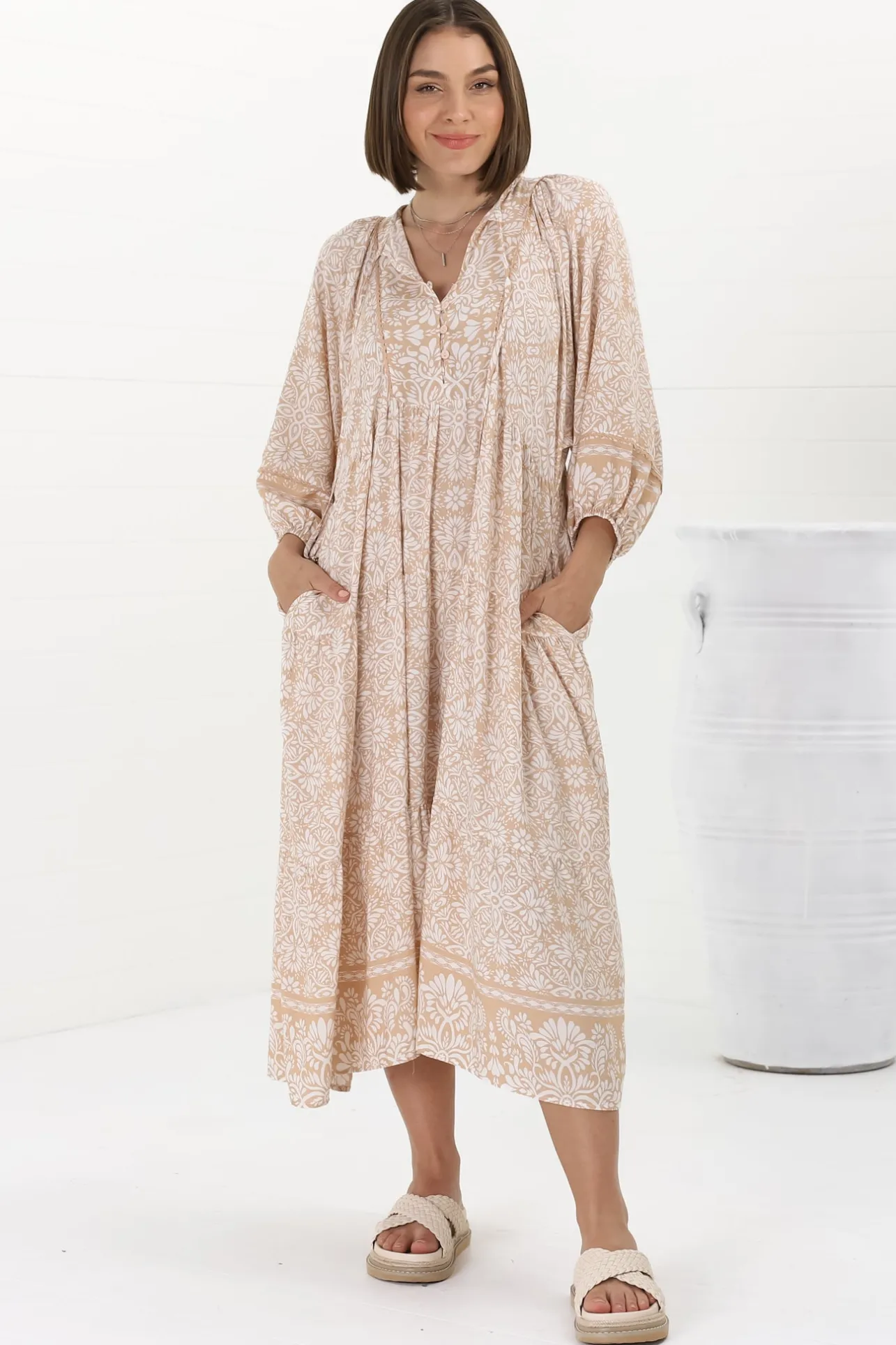 Kamali Midi Dress - Batwing Sleeve Smock Dress with Lace Detailing in Harley Print Beige>Salty Crush Online
