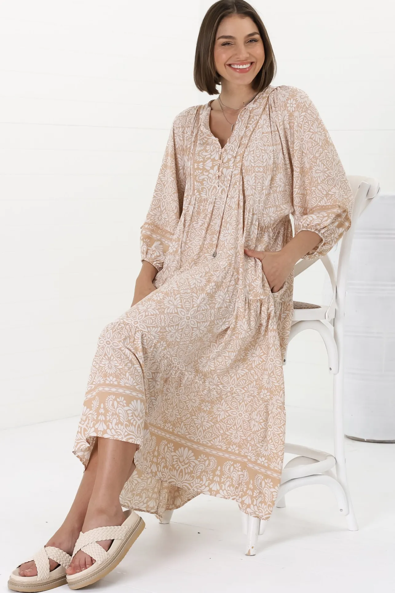 Kamali Midi Dress - Batwing Sleeve Smock Dress with Lace Detailing in Harley Print Beige>Salty Crush Online