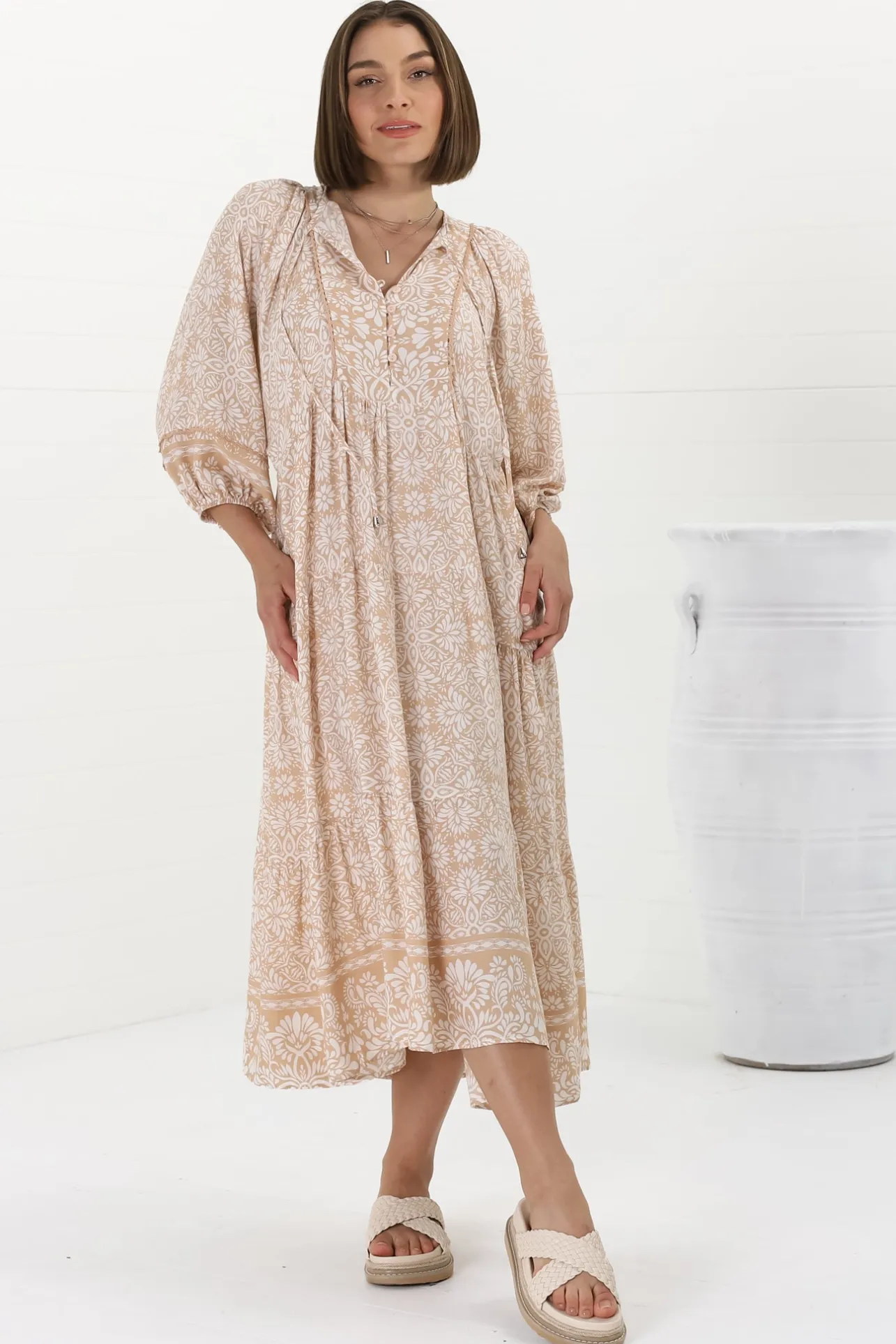 Kamali Midi Dress - Batwing Sleeve Smock Dress with Lace Detailing in Harley Print Beige>Salty Crush Online