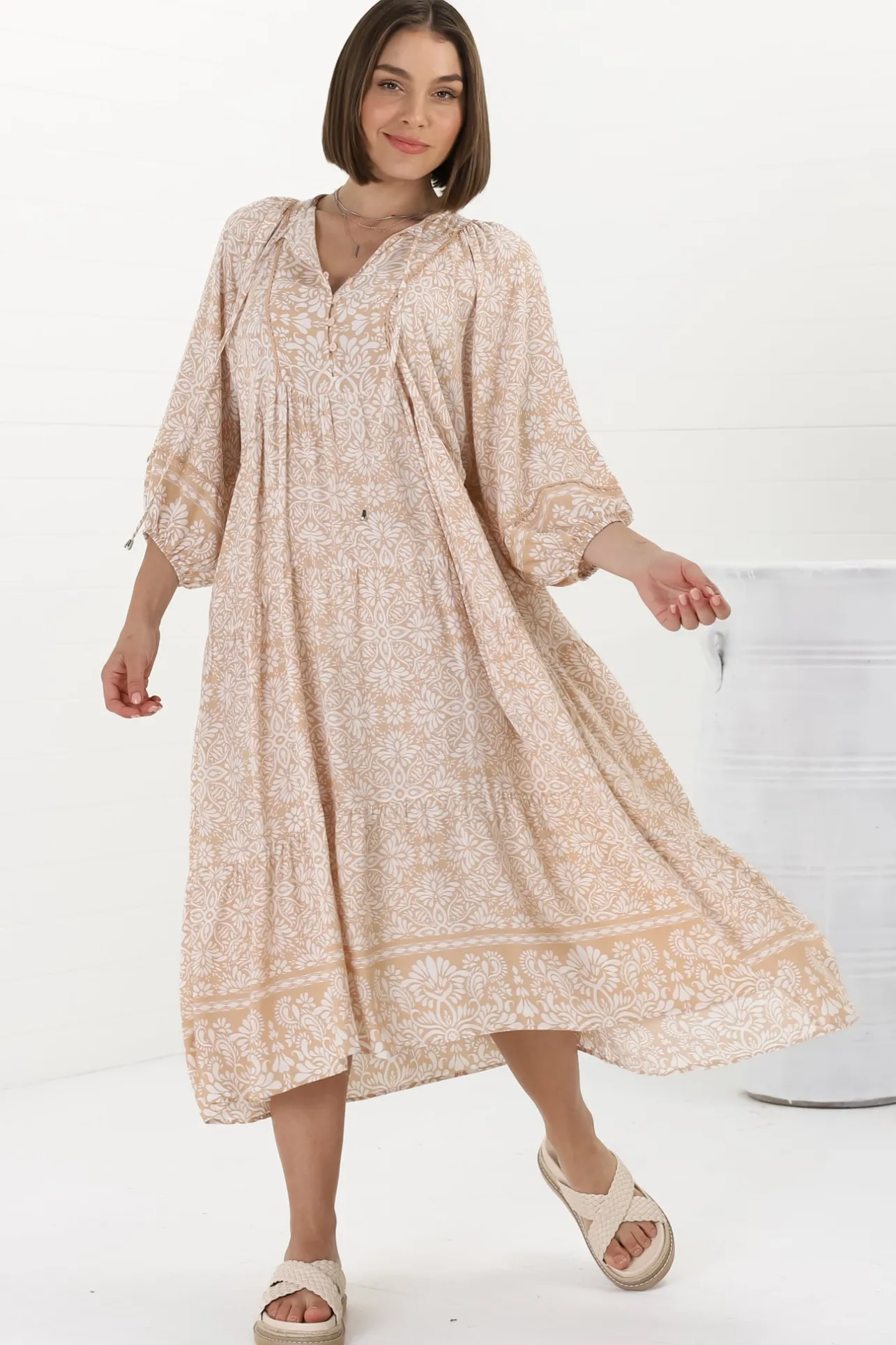 Kamali Midi Dress - Batwing Sleeve Smock Dress with Lace Detailing in Harley Print Beige>Salty Crush Online