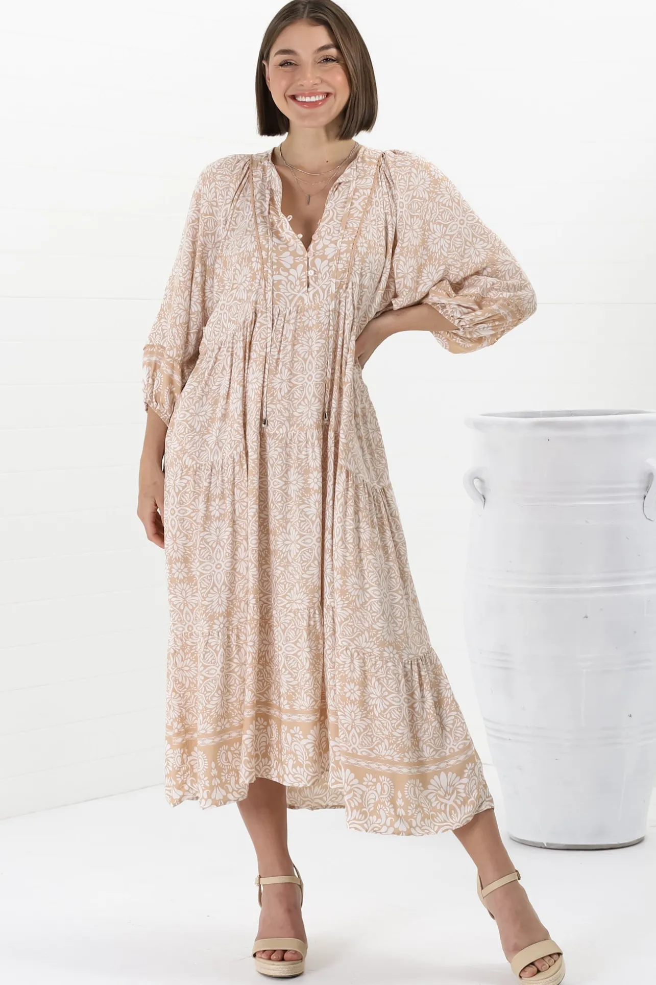 Kamali Midi Dress - Batwing Sleeve Smock Dress with Lace Detailing in Harley Print Beige>Salty Crush Online