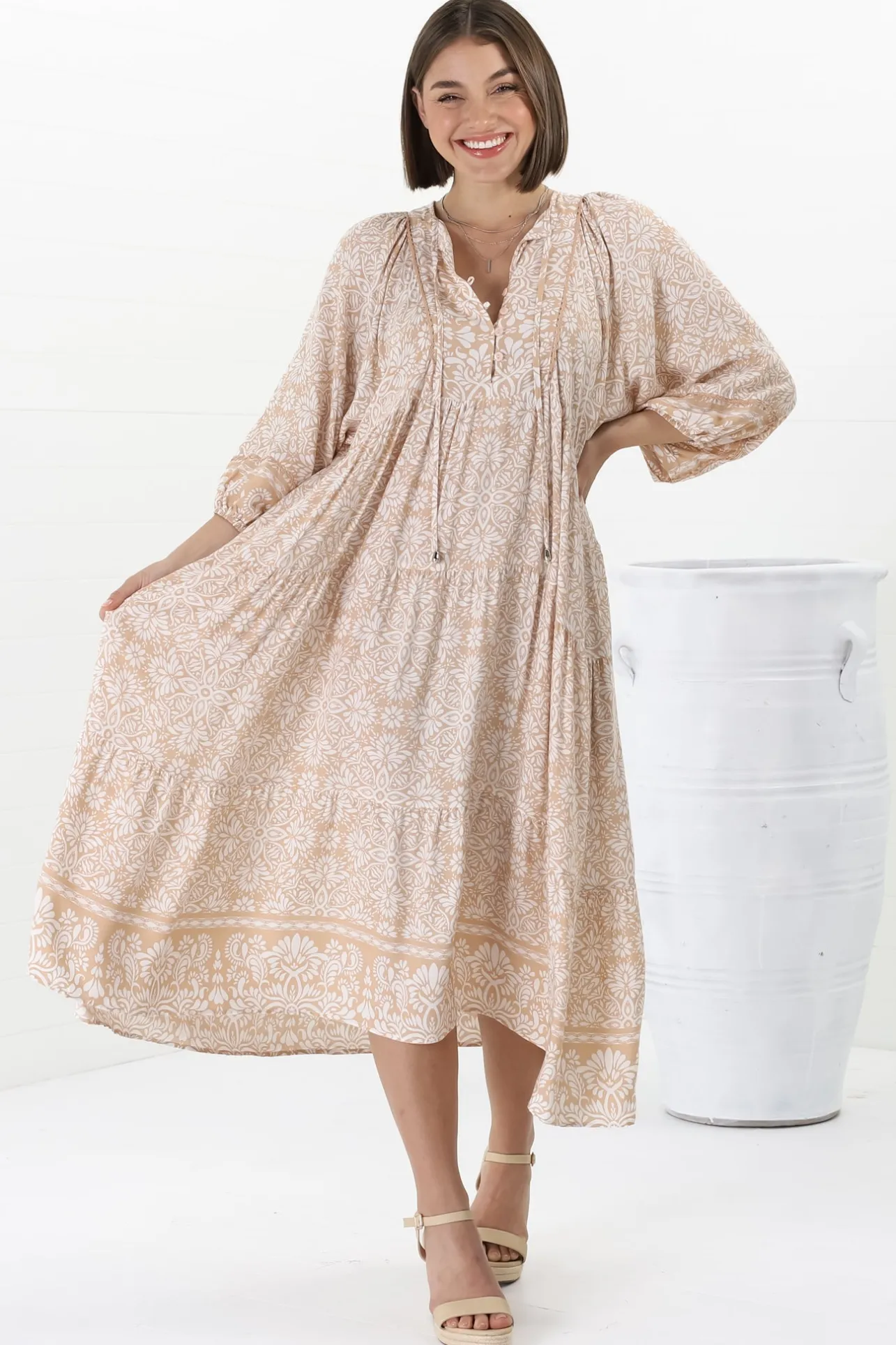 Kamali Midi Dress - Batwing Sleeve Smock Dress with Lace Detailing in Harley Print Beige>Salty Crush Online