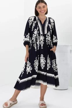 Kamali Midi Dress - Batwing Sleeve Smock Dress with Lace Detailing in Casper Print Navy>Salty Crush