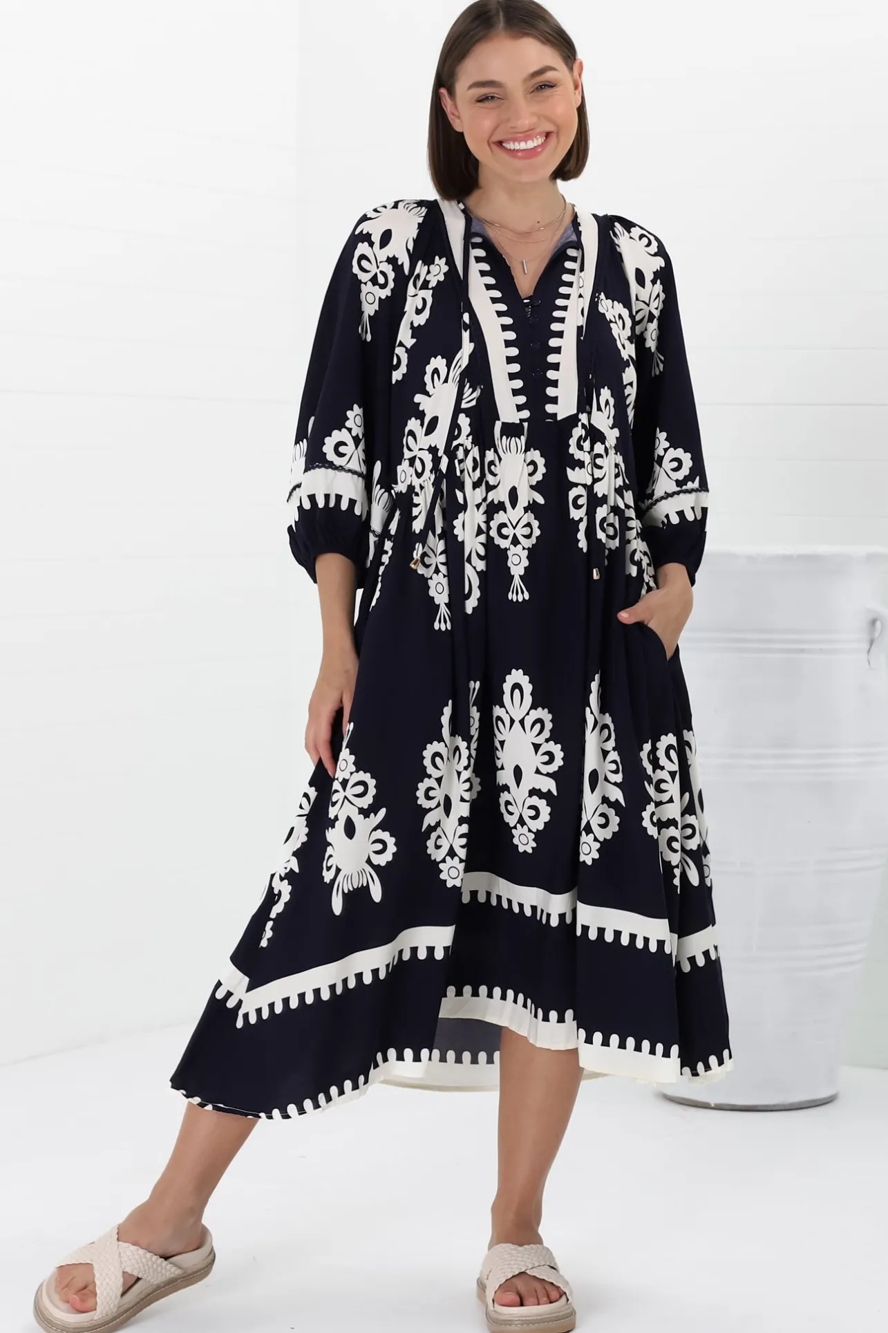 Kamali Midi Dress - Batwing Sleeve Smock Dress with Lace Detailing in Casper Print Navy>Salty Crush