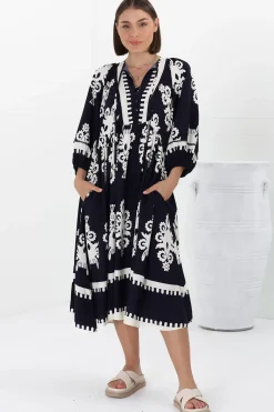 Kamali Midi Dress - Batwing Sleeve Smock Dress with Lace Detailing in Casper Print Navy><noscript><img width=
