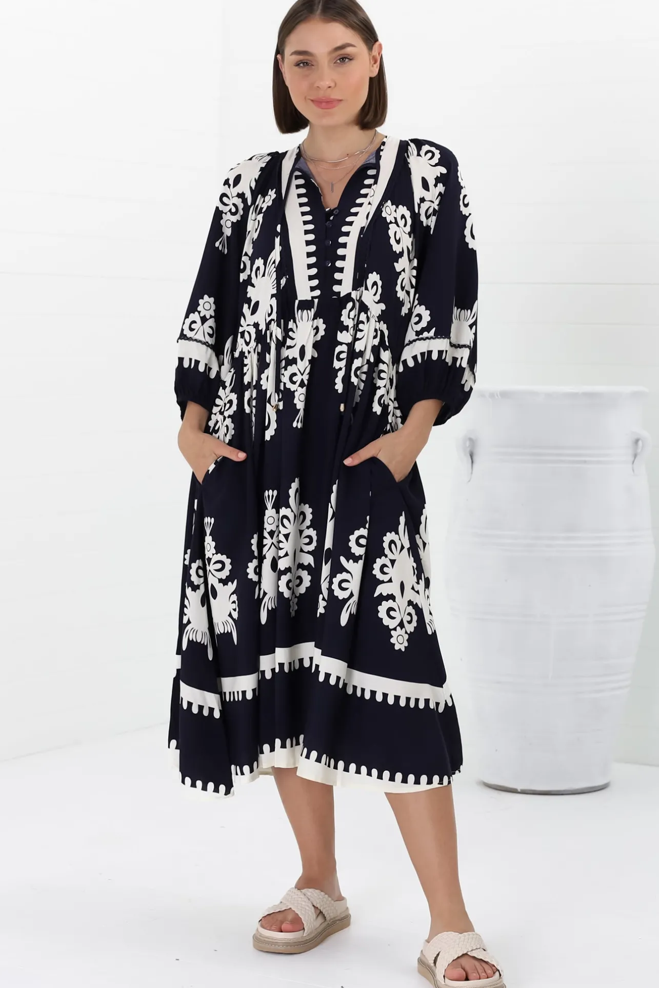 Kamali Midi Dress - Batwing Sleeve Smock Dress with Lace Detailing in Casper Print Navy>Salty Crush