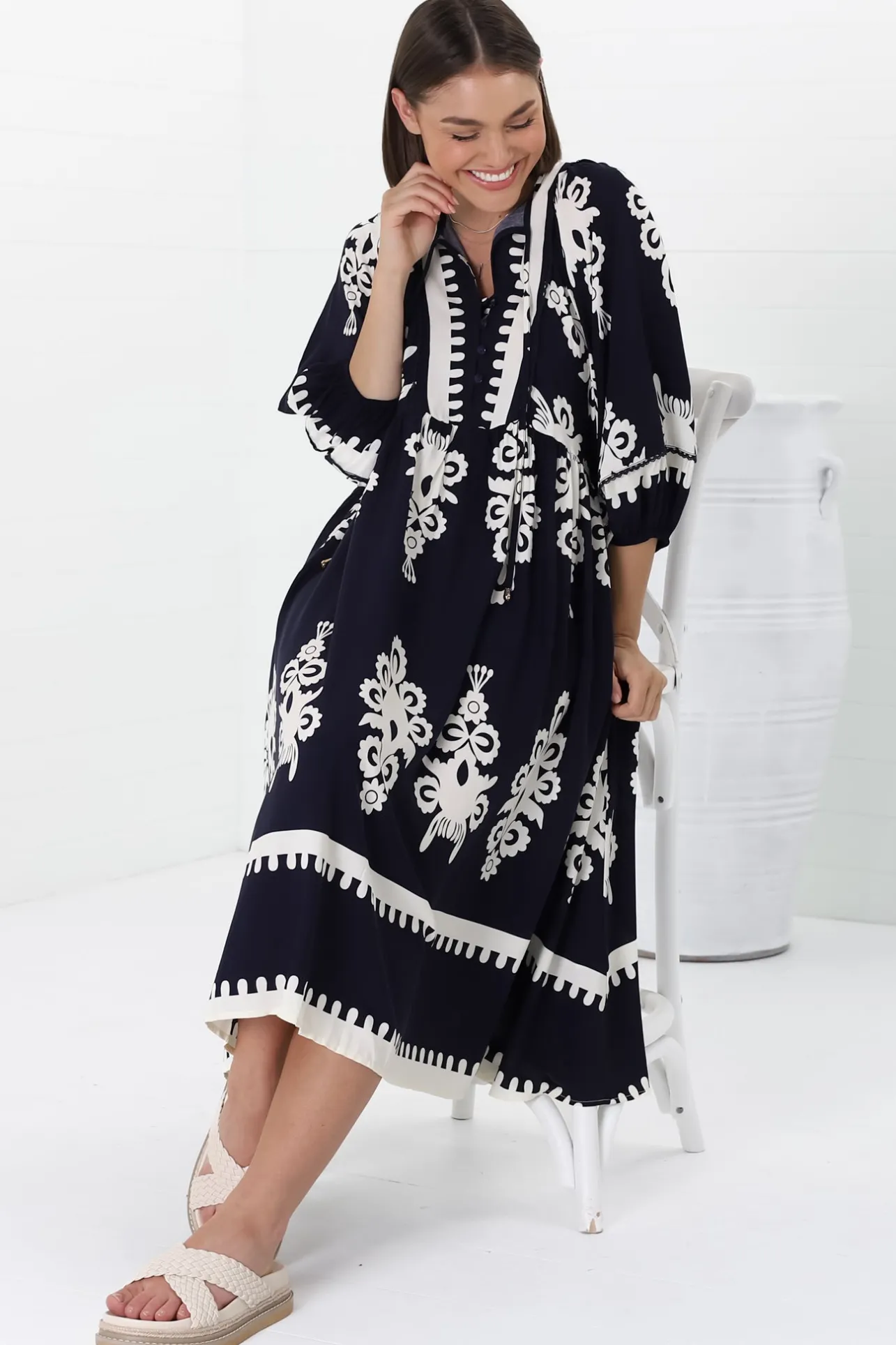Kamali Midi Dress - Batwing Sleeve Smock Dress with Lace Detailing in Casper Print Navy>Salty Crush