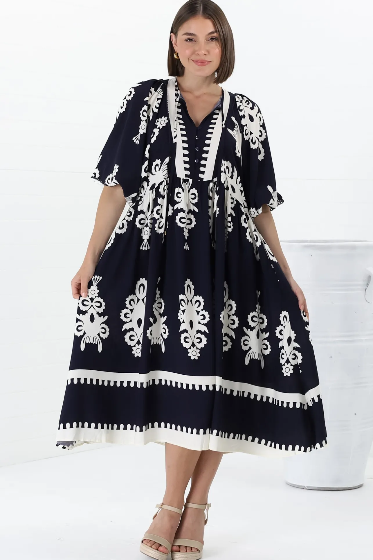 Kamali Midi Dress - Batwing Sleeve Smock Dress with Lace Detailing in Casper Print Navy>Salty Crush