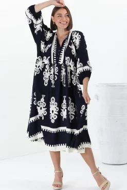 Kamali Midi Dress - Batwing Sleeve Smock Dress with Lace Detailing in Casper Print Navy><noscript><img width=