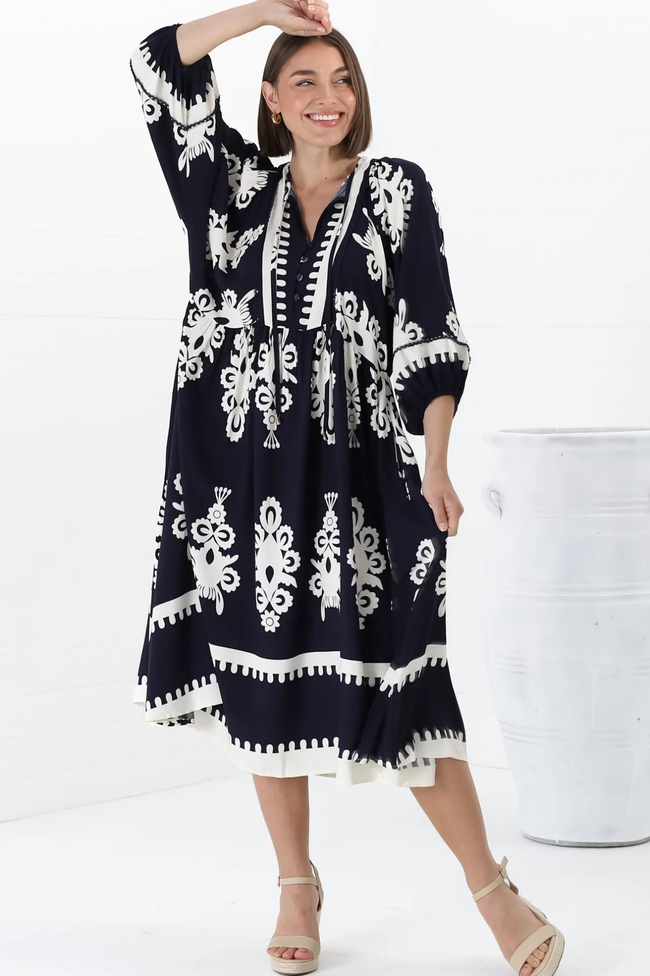 Kamali Midi Dress - Batwing Sleeve Smock Dress with Lace Detailing in Casper Print Navy>Salty Crush