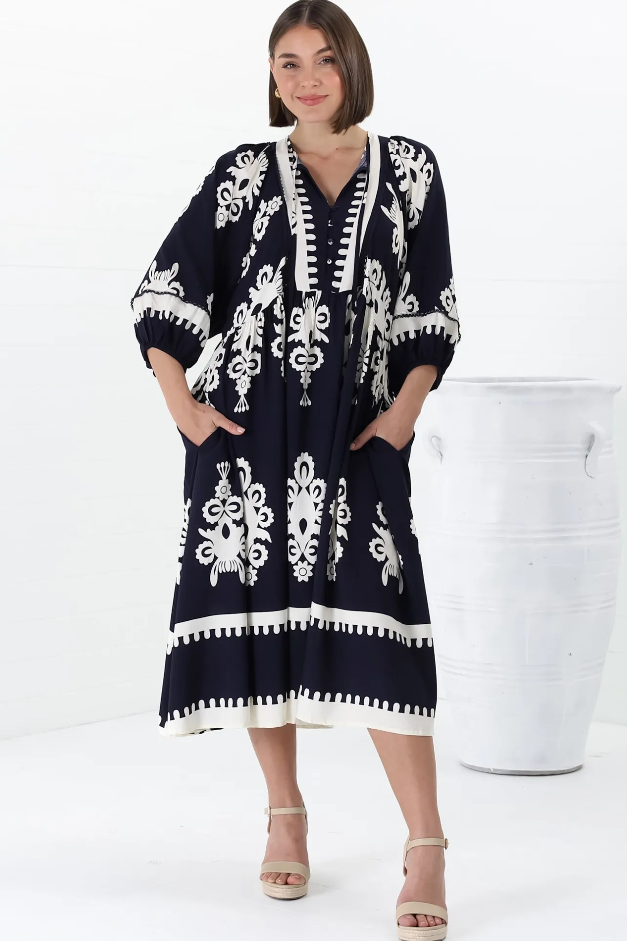 Kamali Midi Dress - Batwing Sleeve Smock Dress with Lace Detailing in Casper Print Navy>Salty Crush