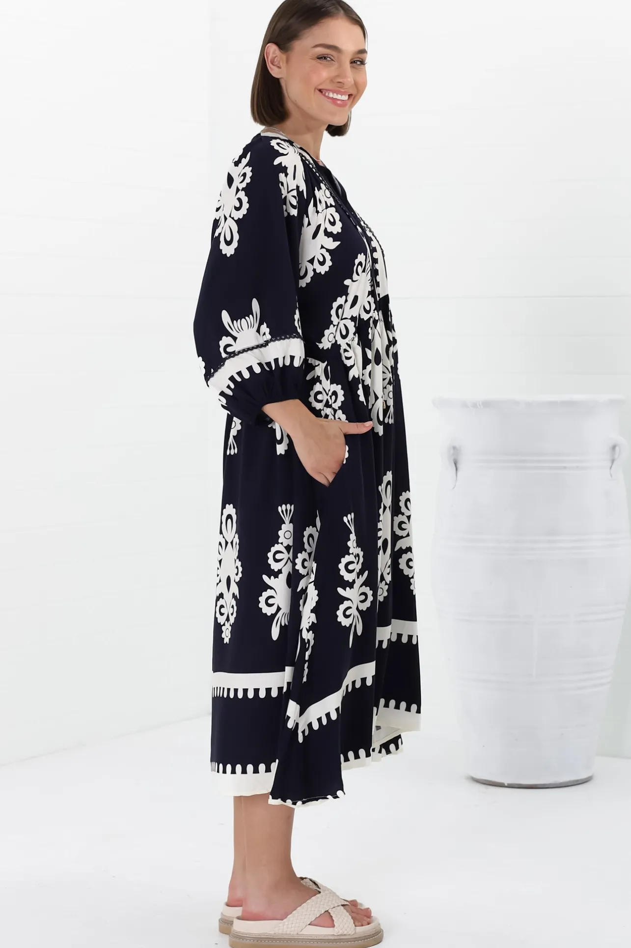 Kamali Midi Dress - Batwing Sleeve Smock Dress with Lace Detailing in Casper Print Navy>Salty Crush