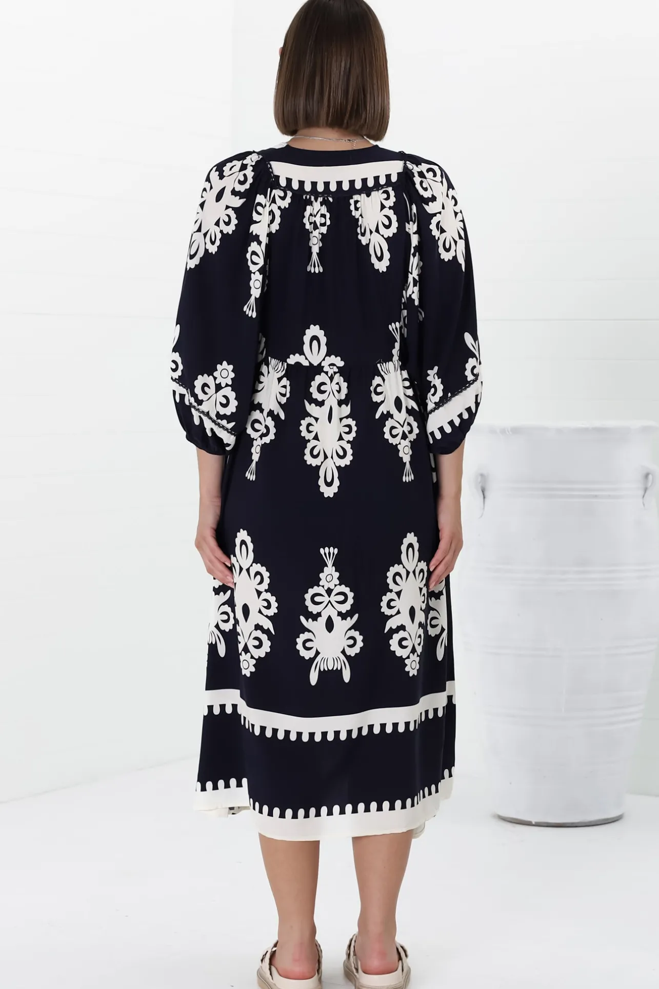 Kamali Midi Dress - Batwing Sleeve Smock Dress with Lace Detailing in Casper Print Navy>Salty Crush