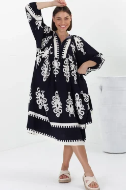 Kamali Midi Dress - Batwing Sleeve Smock Dress with Lace Detailing in Casper Print Navy><noscript><img width=