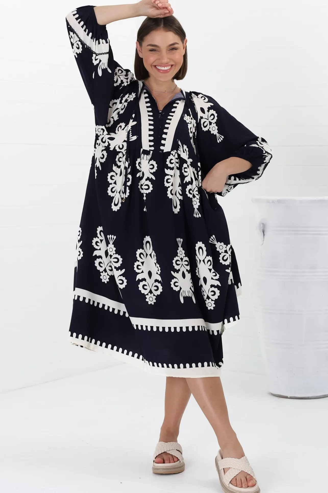 Kamali Midi Dress - Batwing Sleeve Smock Dress with Lace Detailing in Casper Print Navy>Salty Crush