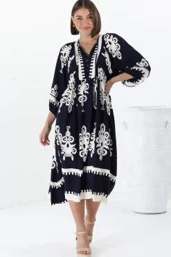 Kamali Midi Dress - Batwing Sleeve Smock Dress with Lace Detailing in Casper Print Navy><noscript><img width=