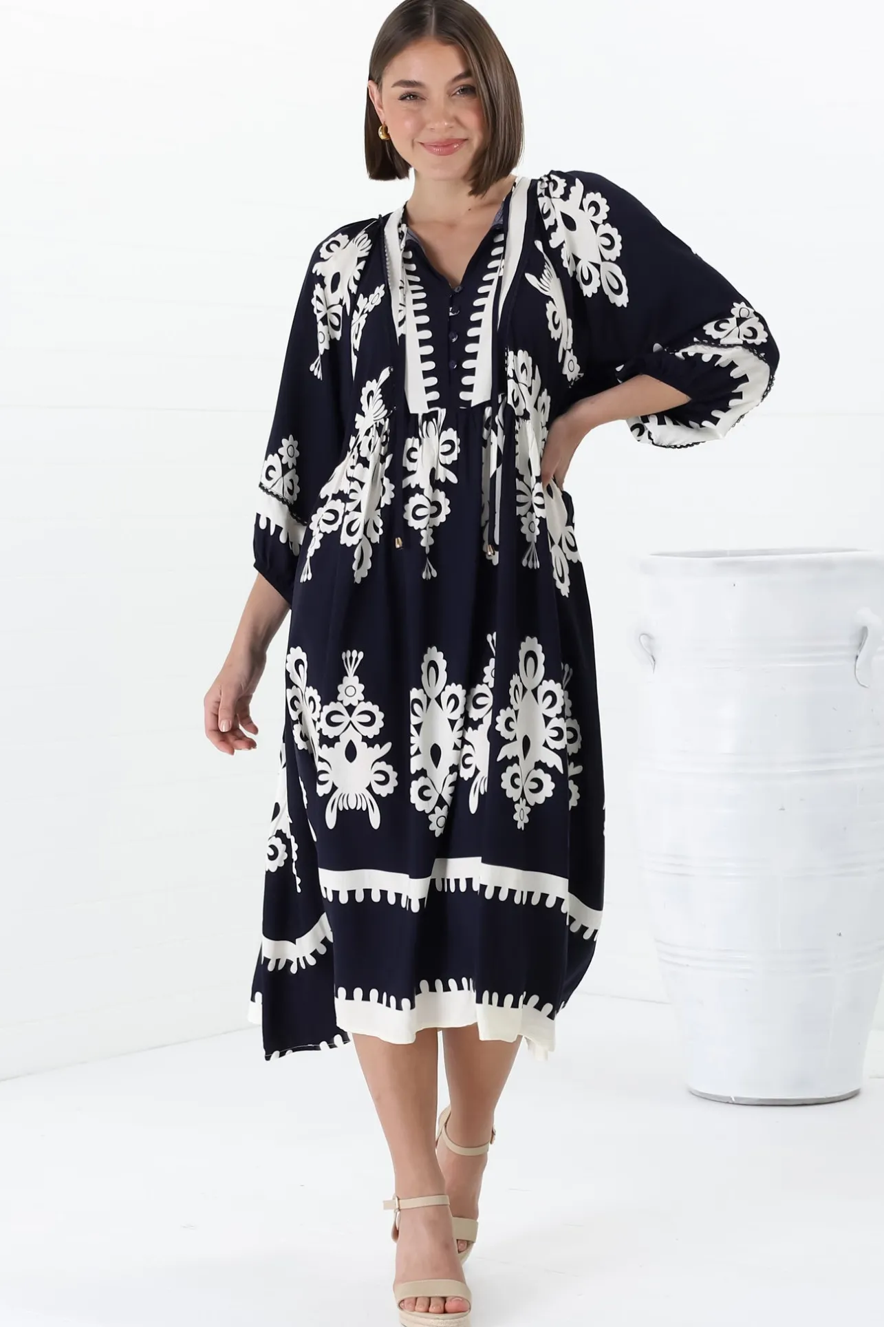 Kamali Midi Dress - Batwing Sleeve Smock Dress with Lace Detailing in Casper Print Navy>Salty Crush