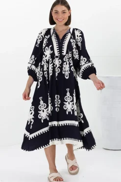 Kamali Midi Dress - Batwing Sleeve Smock Dress with Lace Detailing in Casper Print Navy><noscript><img width=