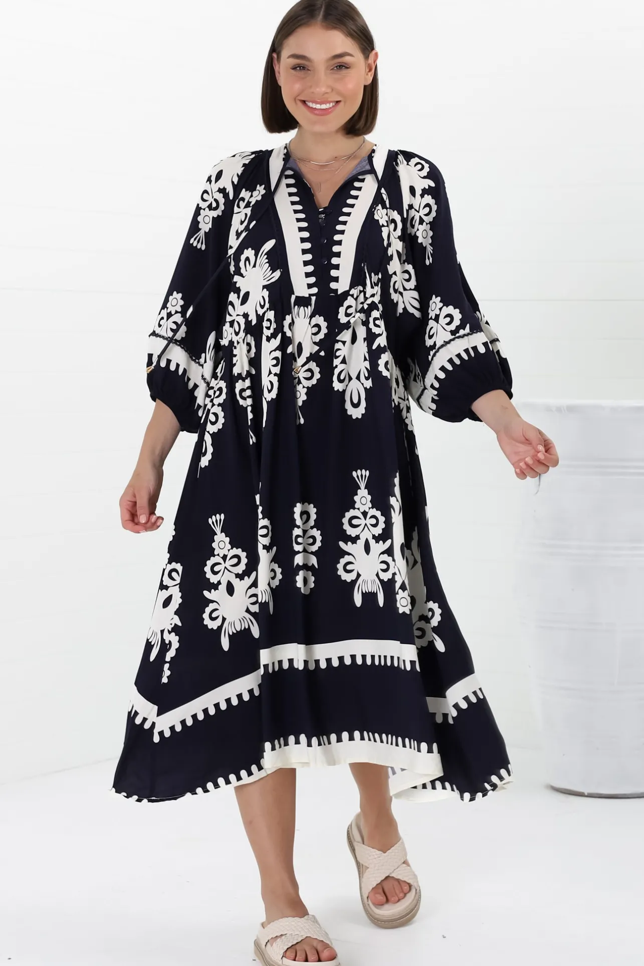 Kamali Midi Dress - Batwing Sleeve Smock Dress with Lace Detailing in Casper Print Navy>Salty Crush