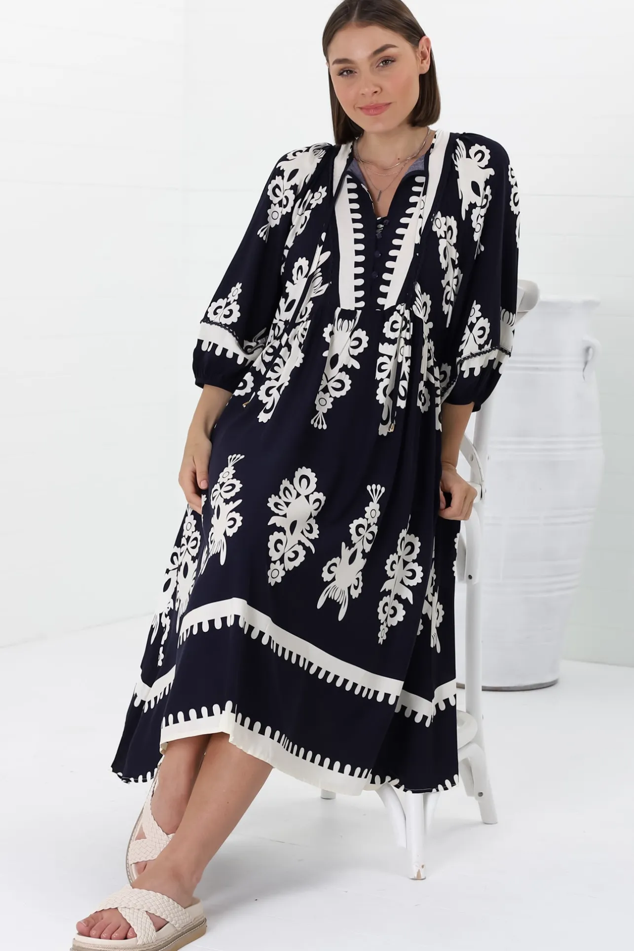 Kamali Midi Dress - Batwing Sleeve Smock Dress with Lace Detailing in Casper Print Navy>Salty Crush
