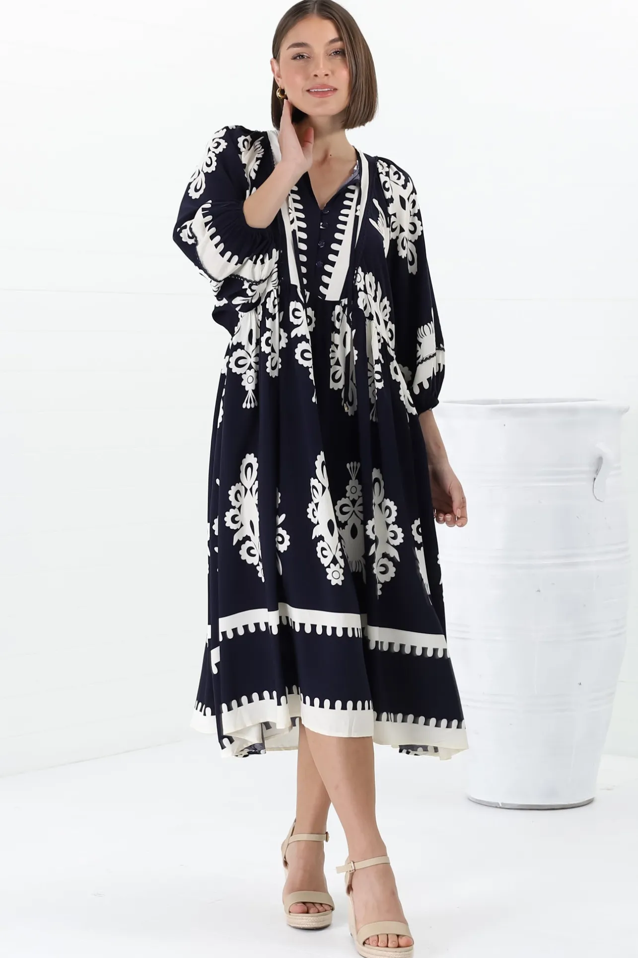 Kamali Midi Dress - Batwing Sleeve Smock Dress with Lace Detailing in Casper Print Navy>Salty Crush