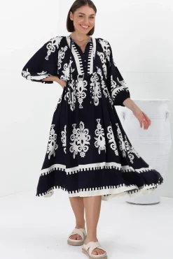 Kamali Midi Dress - Batwing Sleeve Smock Dress with Lace Detailing in Casper Print Navy><noscript><img width=
