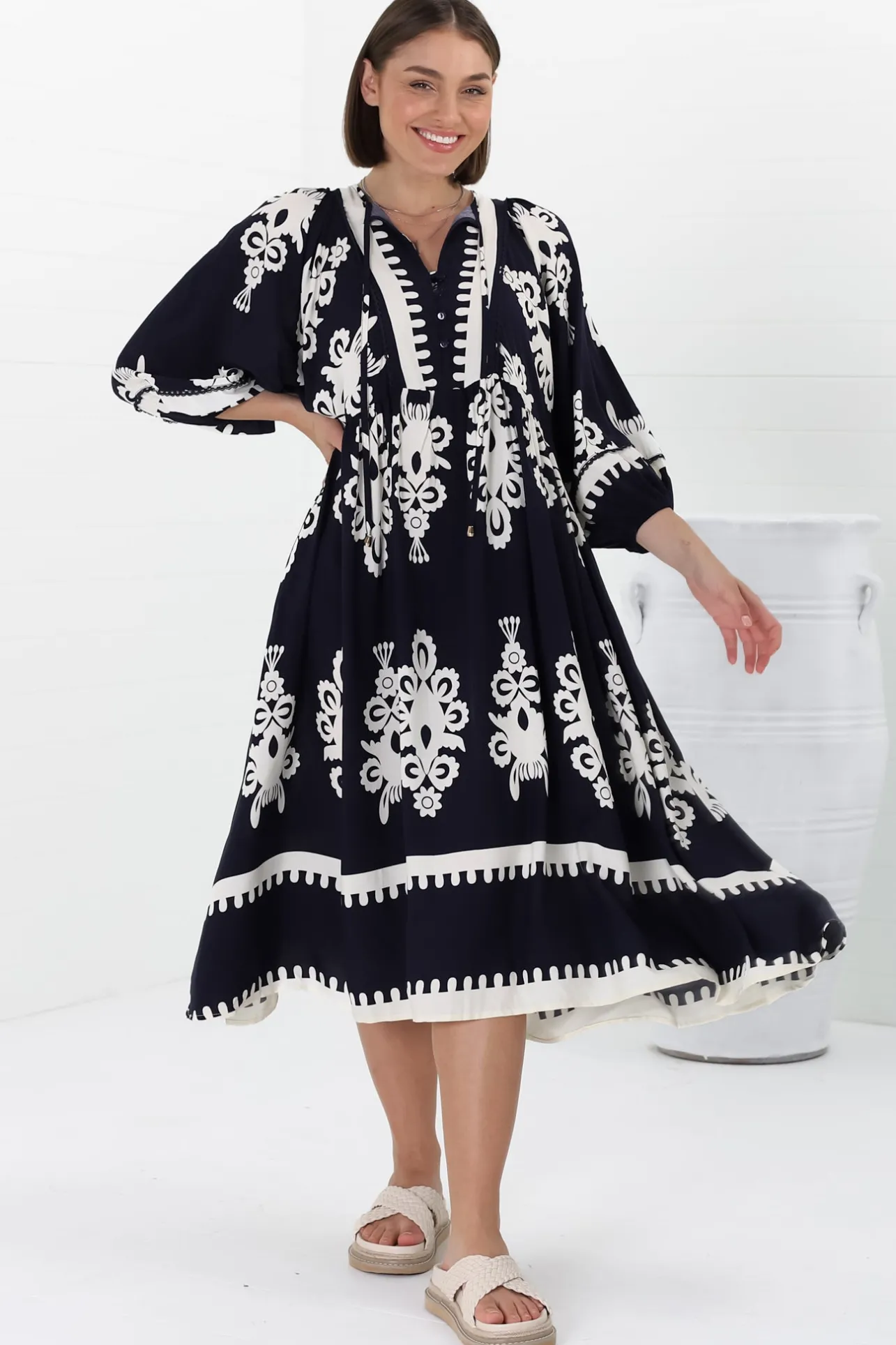 Kamali Midi Dress - Batwing Sleeve Smock Dress with Lace Detailing in Casper Print Navy>Salty Crush
