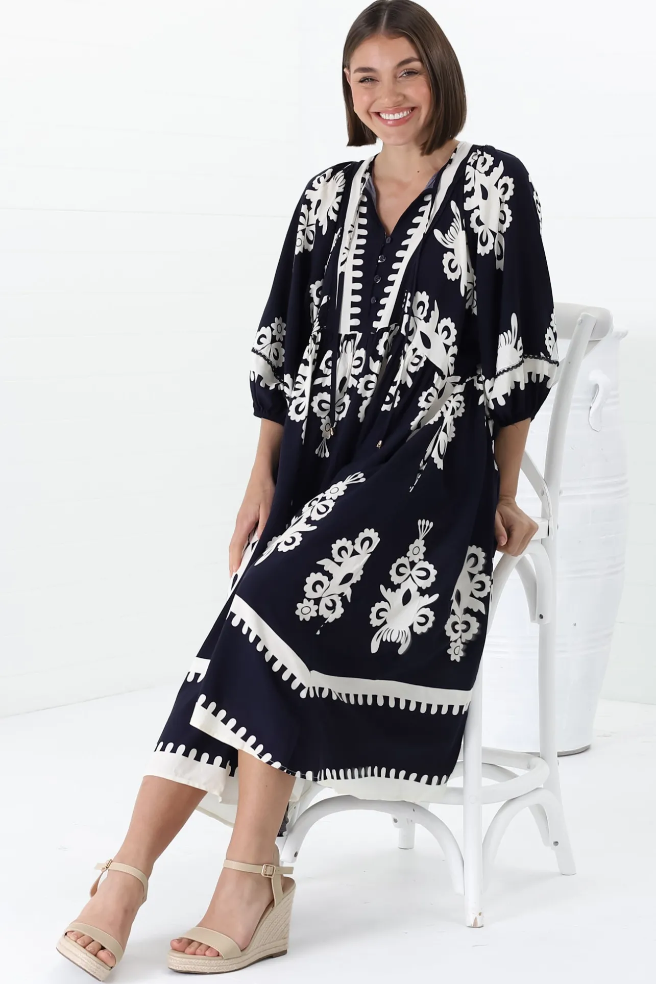 Kamali Midi Dress - Batwing Sleeve Smock Dress with Lace Detailing in Casper Print Navy>Salty Crush