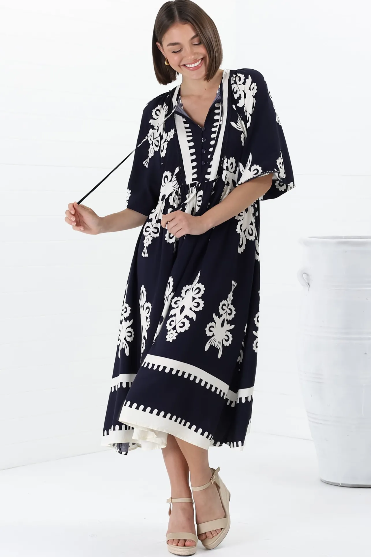 Kamali Midi Dress - Batwing Sleeve Smock Dress with Lace Detailing in Casper Print Navy>Salty Crush