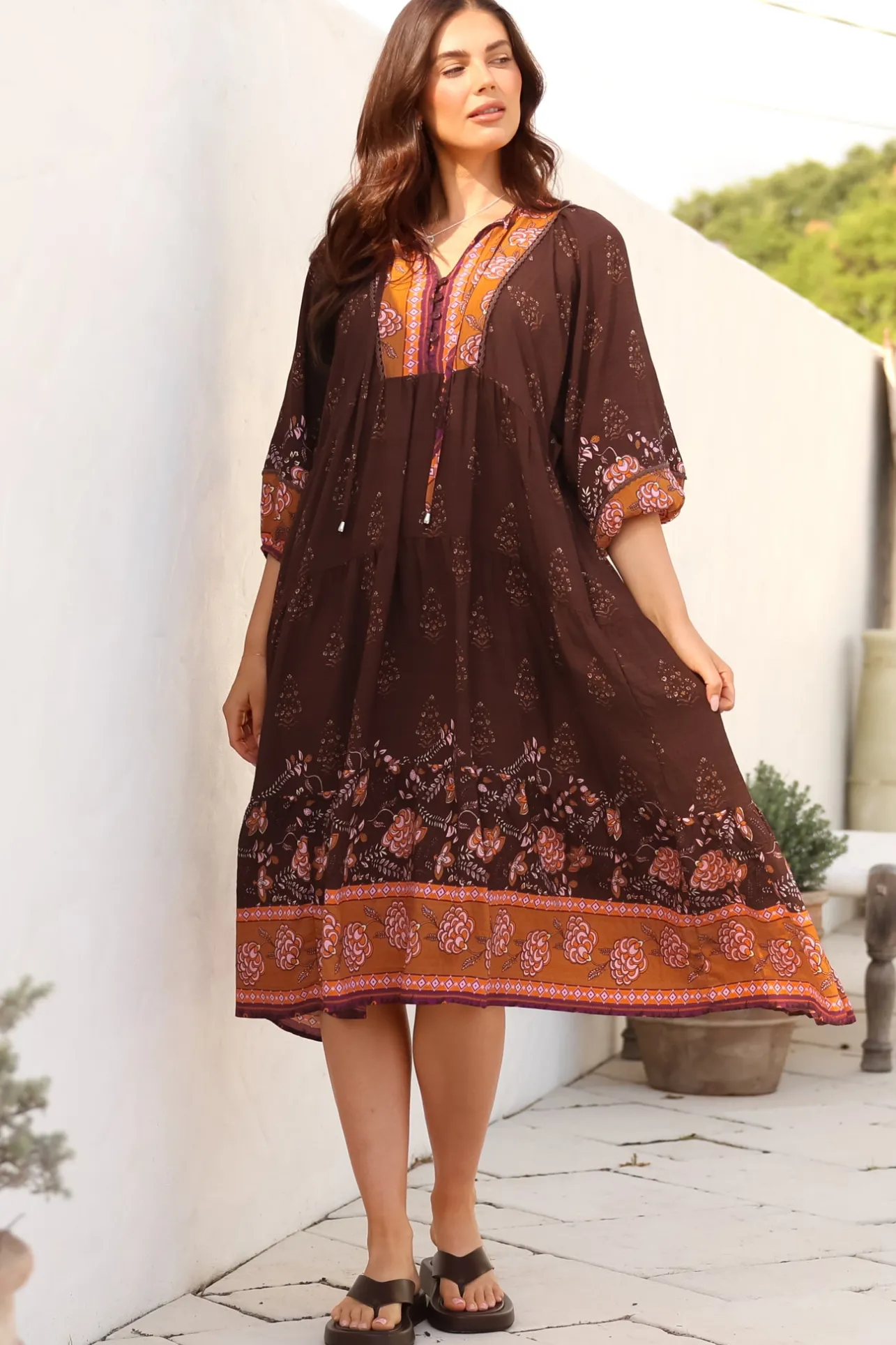 Kamali Midi Dress - Batwing Sleeve Smock Dress with Lace Detailing in Ruyi Print Brown>Salty Crush Hot