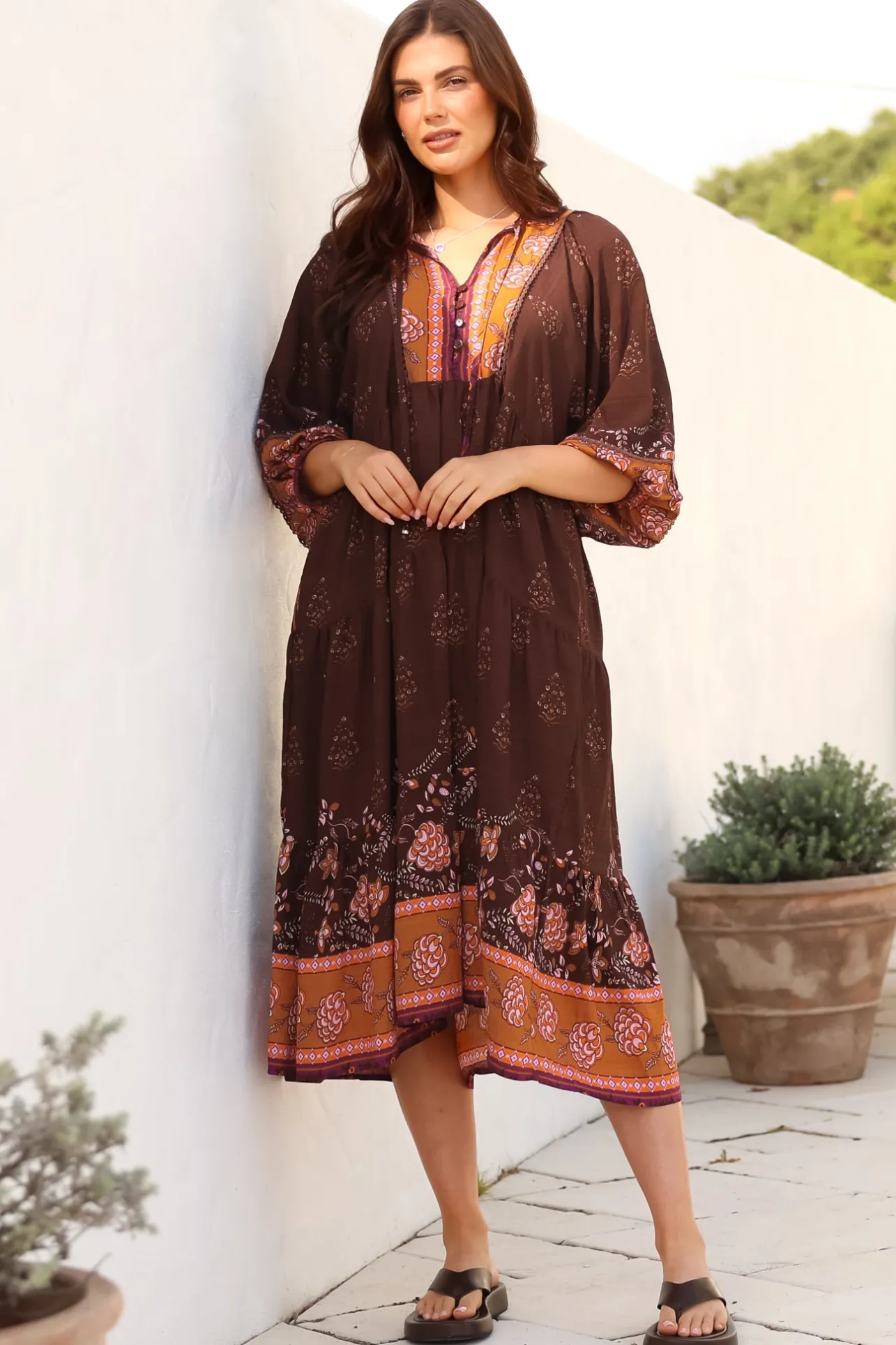 Kamali Midi Dress - Batwing Sleeve Smock Dress with Lace Detailing in Ruyi Print Brown>Salty Crush Hot