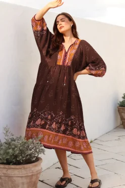 Kamali Midi Dress - Batwing Sleeve Smock Dress with Lace Detailing in Ruyi Print Brown><noscript><img width=