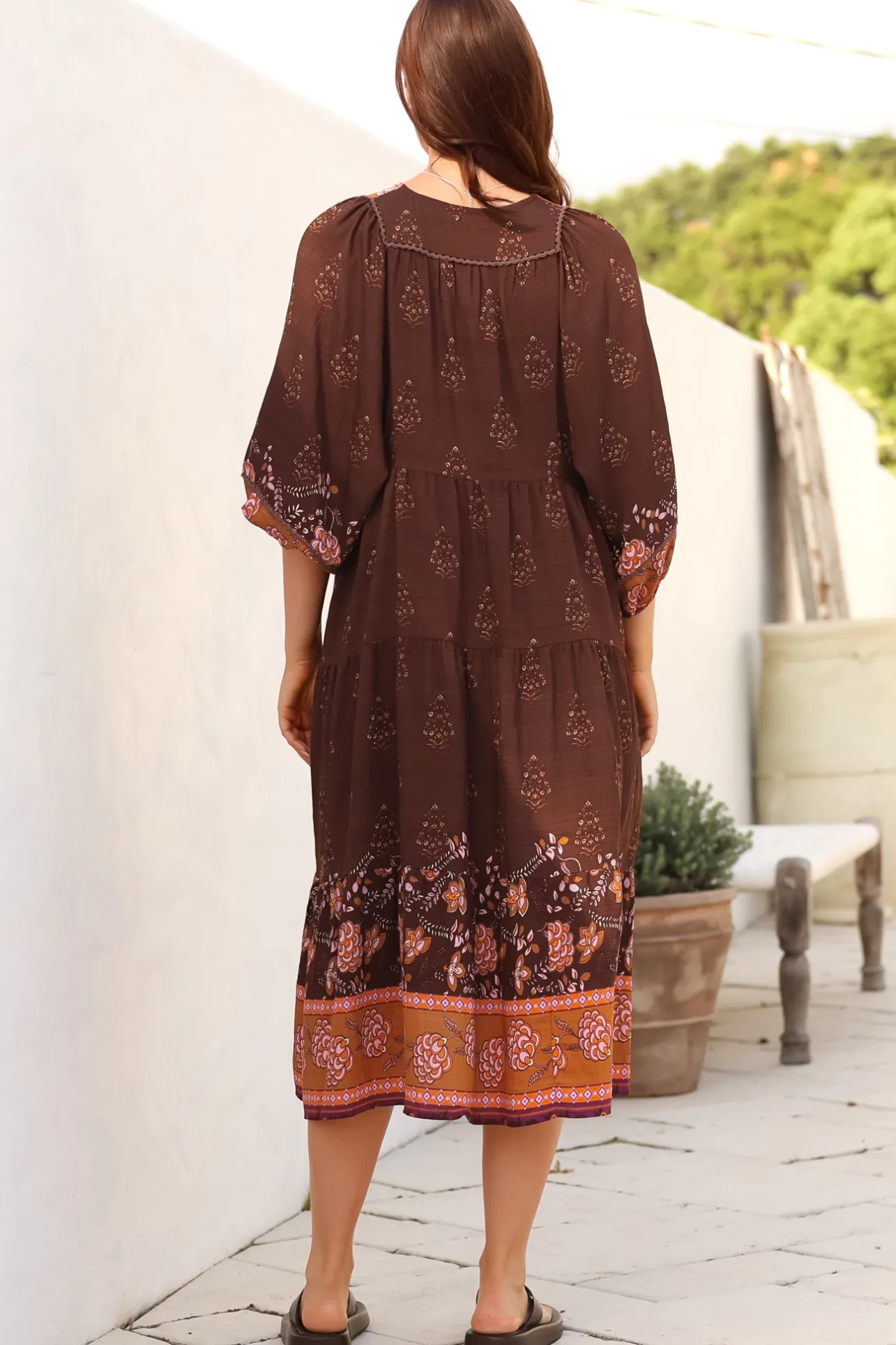 Kamali Midi Dress - Batwing Sleeve Smock Dress with Lace Detailing in Ruyi Print Brown>Salty Crush Hot