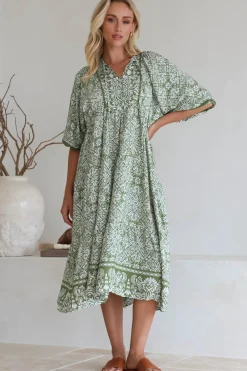 Kamali Midi Dress - Batwing Sleeve Smock Dress with Lace Detailing in Harley Print Green>Salty Crush New
