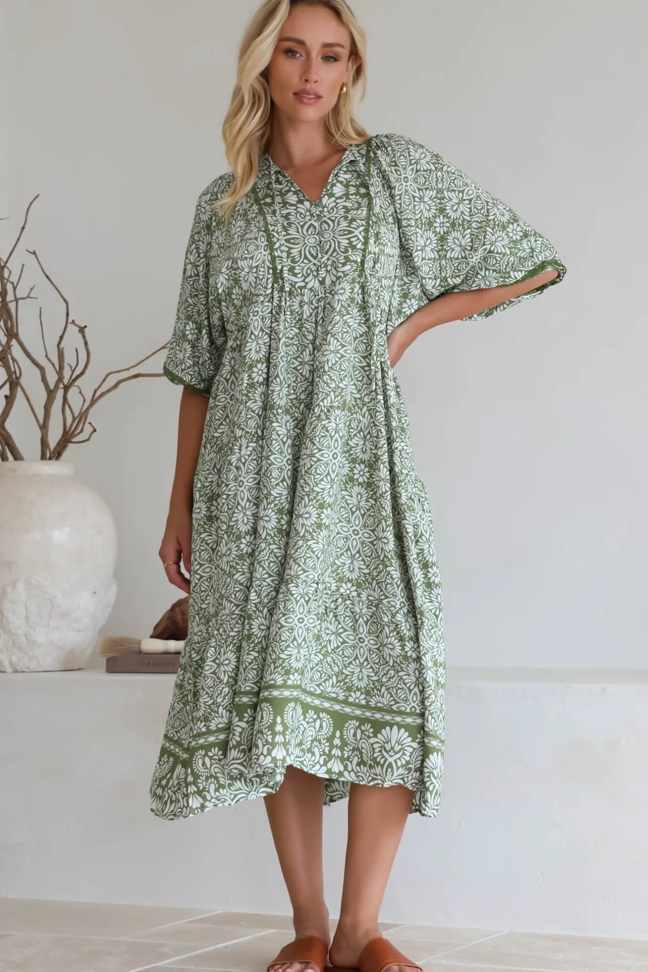 Kamali Midi Dress - Batwing Sleeve Smock Dress with Lace Detailing in Harley Print Green>Salty Crush New