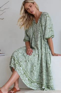 Kamali Midi Dress - Batwing Sleeve Smock Dress with Lace Detailing in Harley Print Green><noscript><img width=