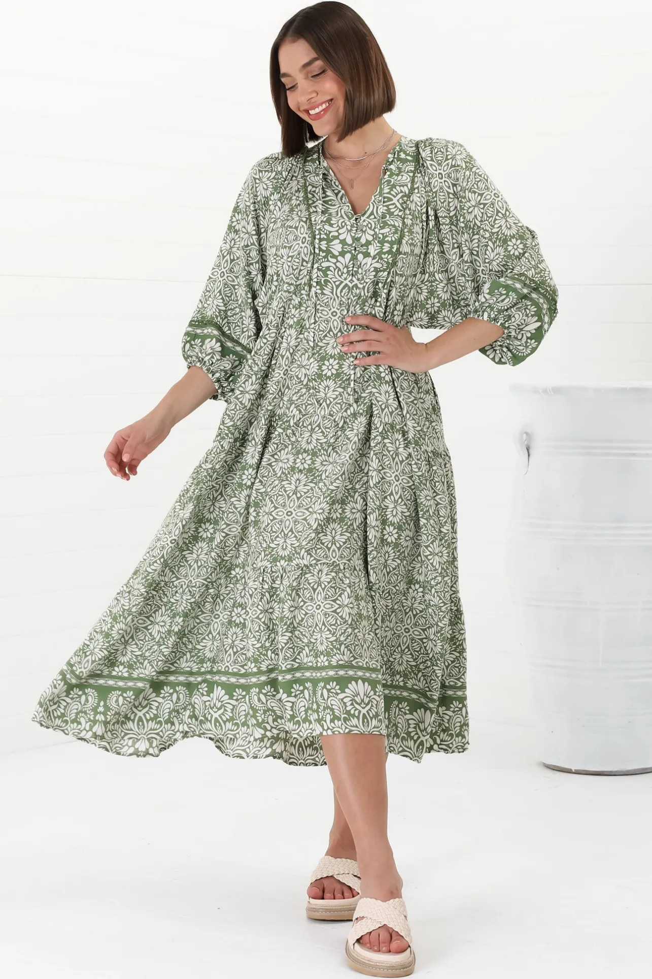 Kamali Midi Dress - Batwing Sleeve Smock Dress with Lace Detailing in Harley Print Green>Salty Crush New