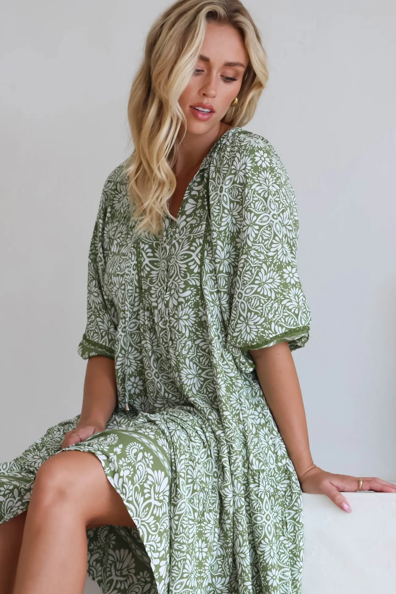 Kamali Midi Dress - Batwing Sleeve Smock Dress with Lace Detailing in Harley Print Green>Salty Crush New
