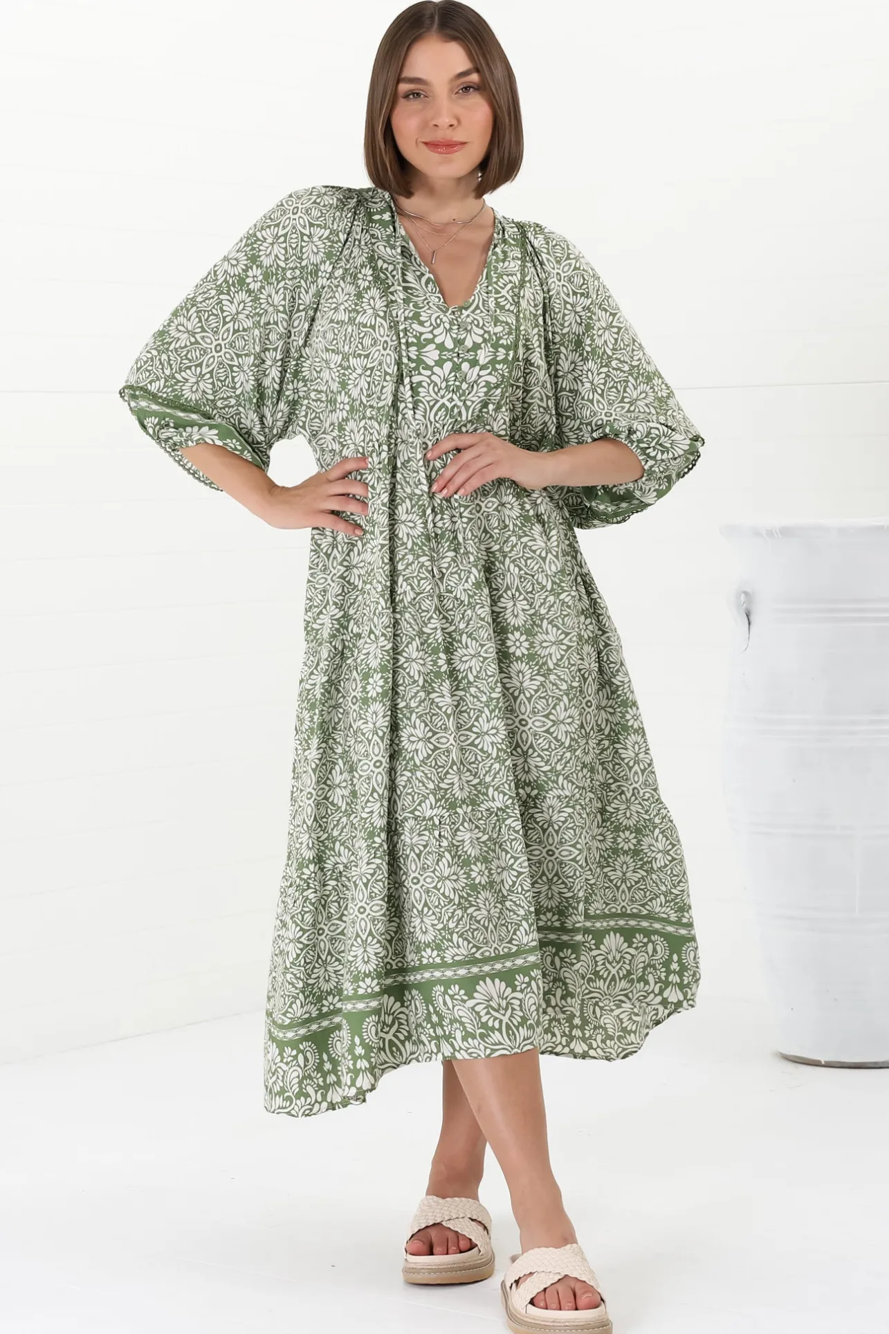 Kamali Midi Dress - Batwing Sleeve Smock Dress with Lace Detailing in Harley Print Green>Salty Crush New