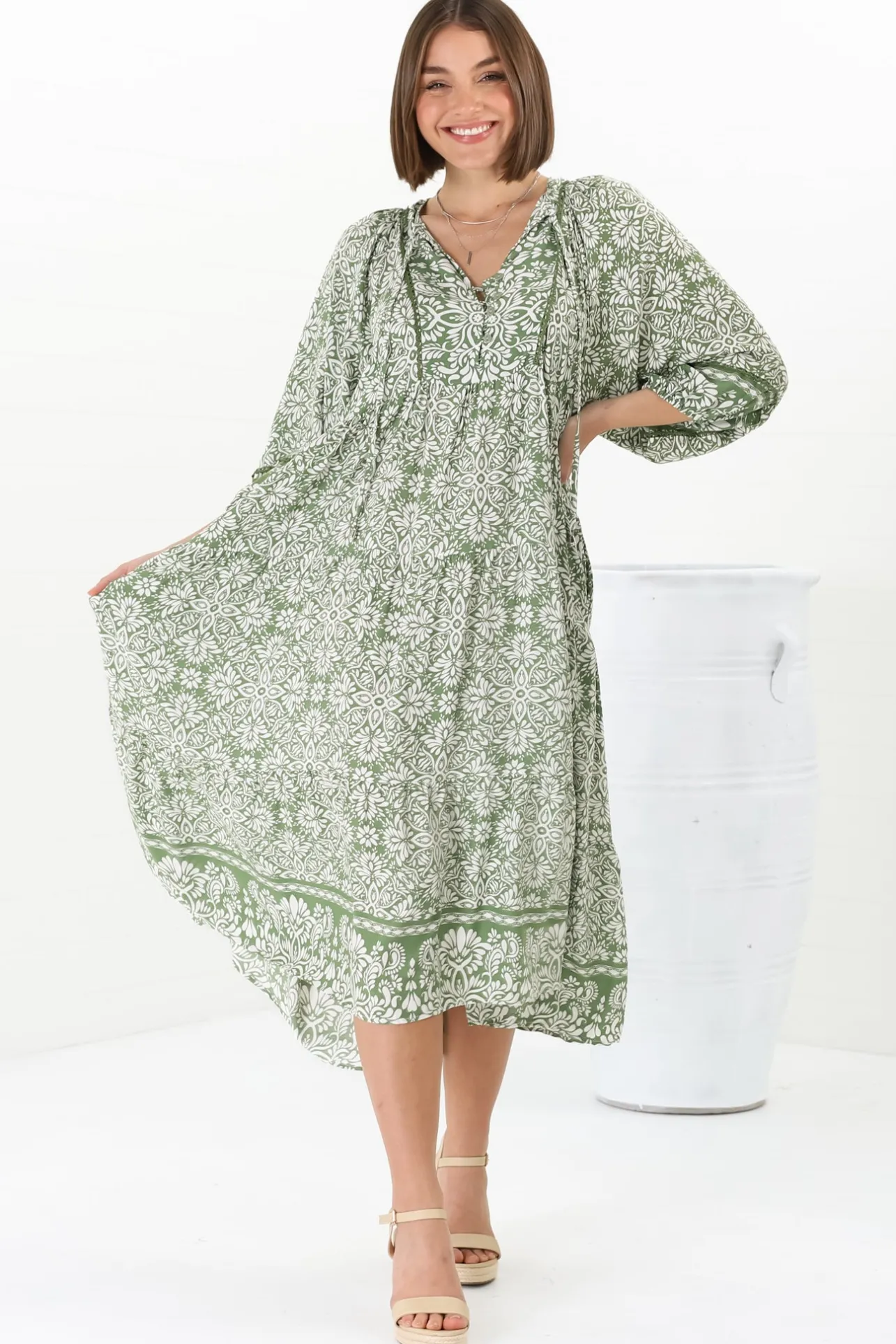Kamali Midi Dress - Batwing Sleeve Smock Dress with Lace Detailing in Harley Print Green>Salty Crush New