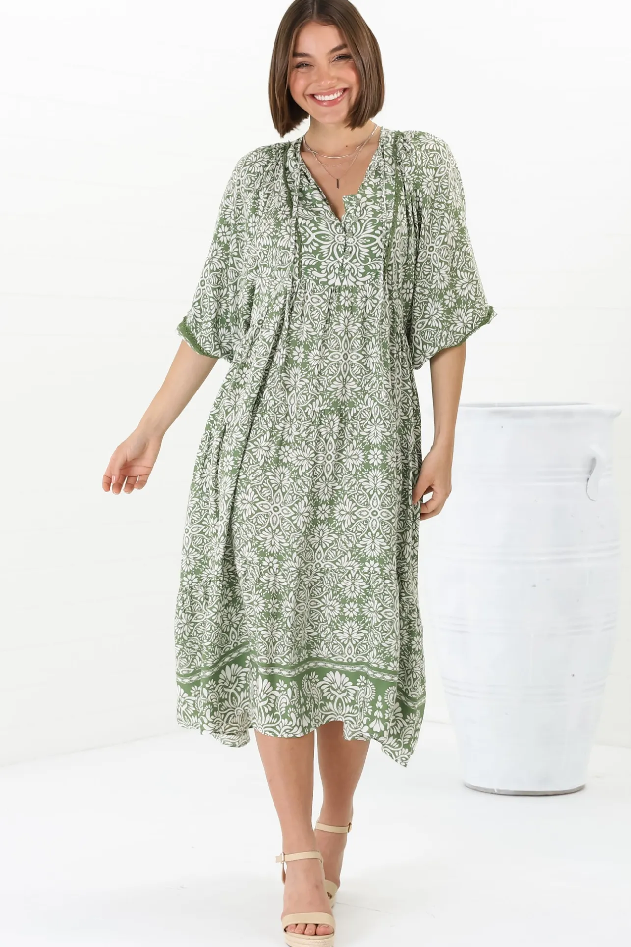Kamali Midi Dress - Batwing Sleeve Smock Dress with Lace Detailing in Harley Print Green>Salty Crush New