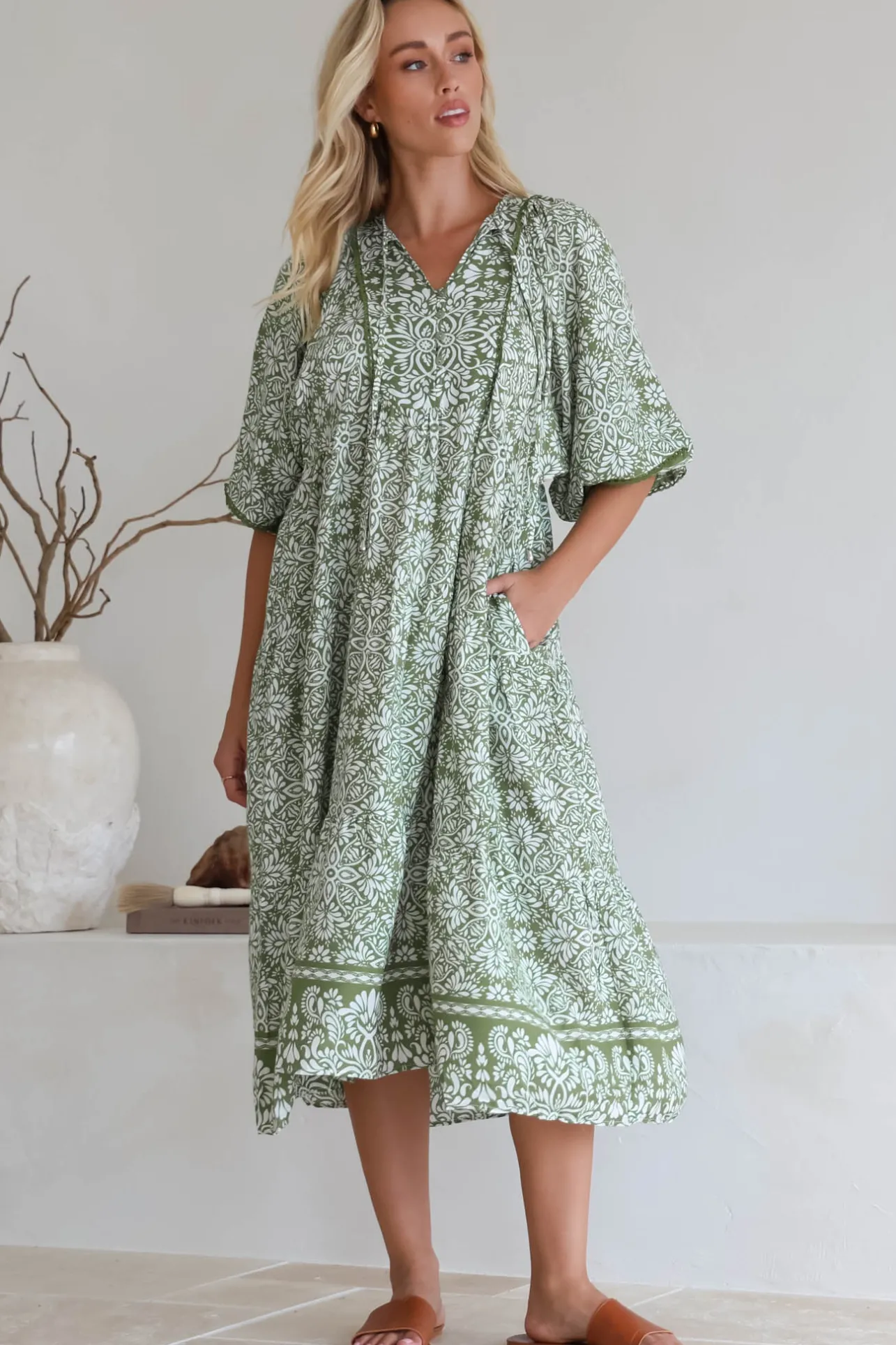 Kamali Midi Dress - Batwing Sleeve Smock Dress with Lace Detailing in Harley Print Green>Salty Crush New