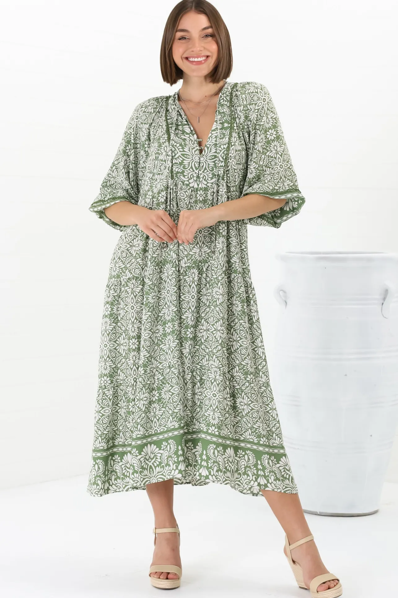 Kamali Midi Dress - Batwing Sleeve Smock Dress with Lace Detailing in Harley Print Green>Salty Crush New