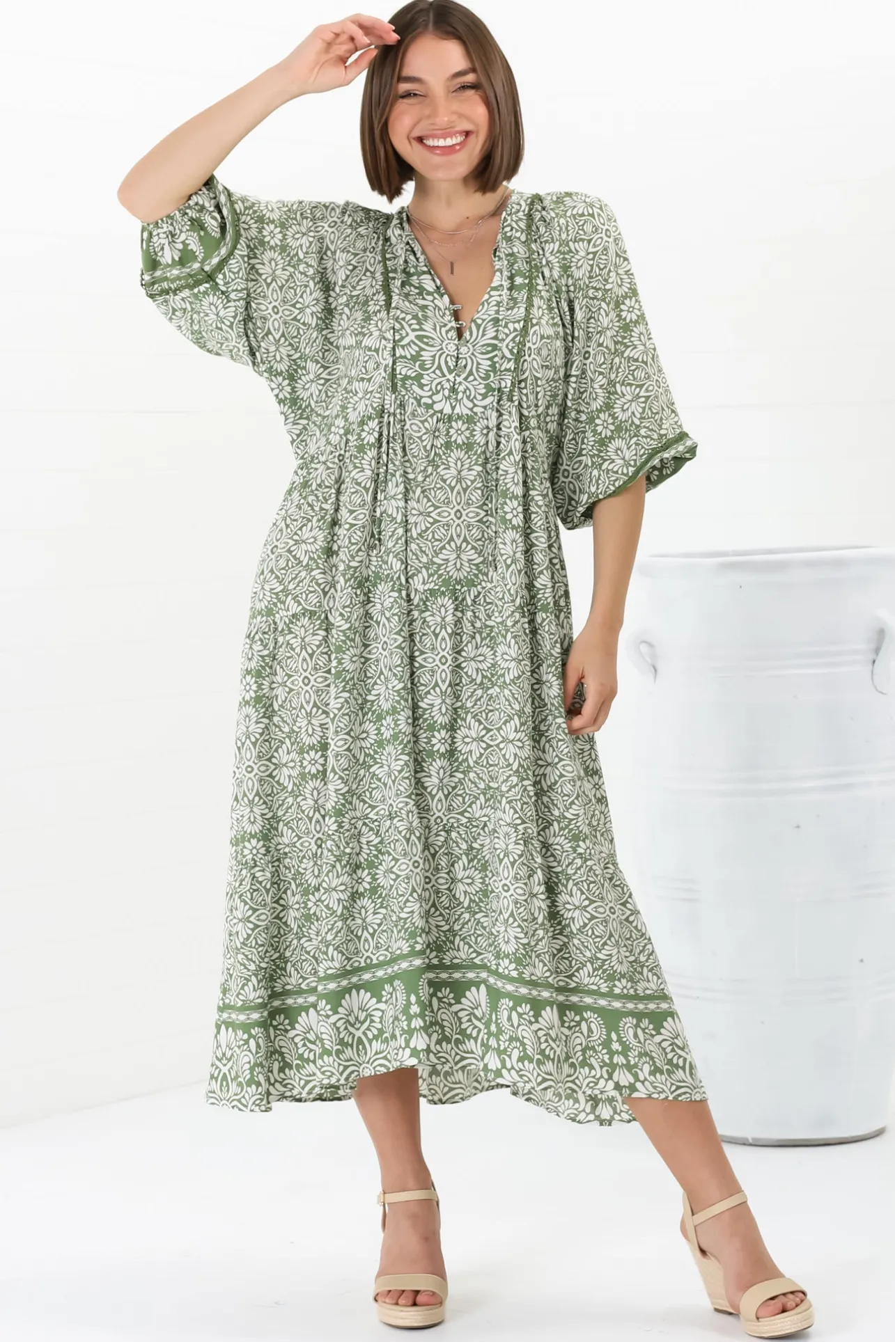 Kamali Midi Dress - Batwing Sleeve Smock Dress with Lace Detailing in Harley Print Green>Salty Crush New