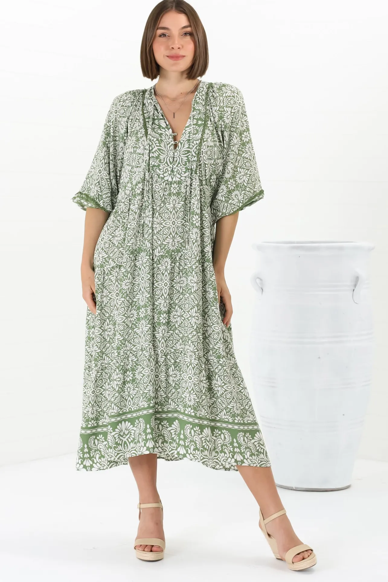 Kamali Midi Dress - Batwing Sleeve Smock Dress with Lace Detailing in Harley Print Green>Salty Crush New