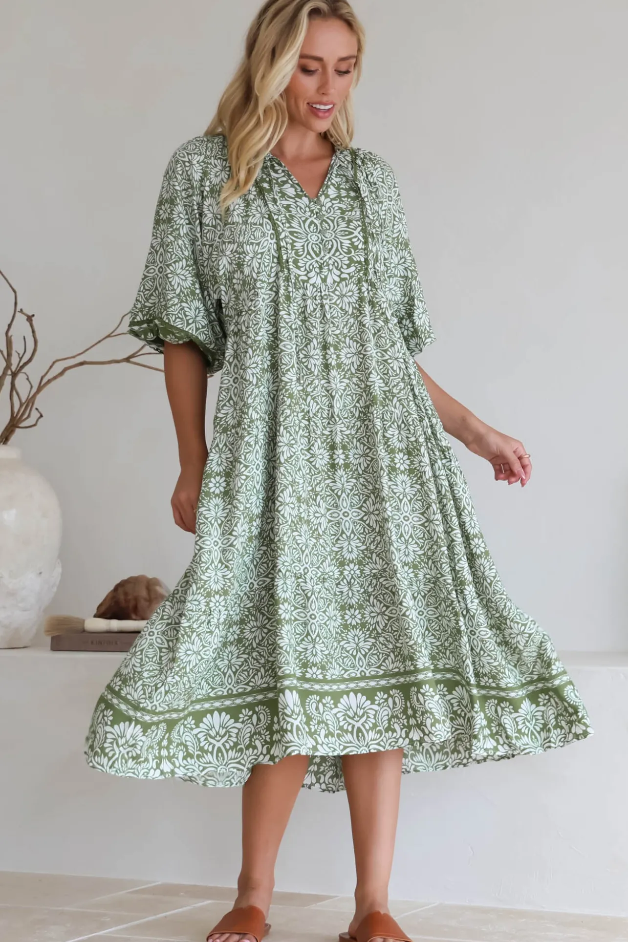 Kamali Midi Dress - Batwing Sleeve Smock Dress with Lace Detailing in Harley Print Green>Salty Crush New