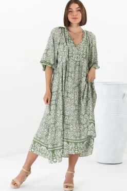 Kamali Midi Dress - Batwing Sleeve Smock Dress with Lace Detailing in Harley Print Green><noscript><img width=